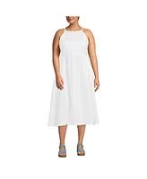 Lands' End Plus Linen Sleeveless Square High Neck Midi Dress