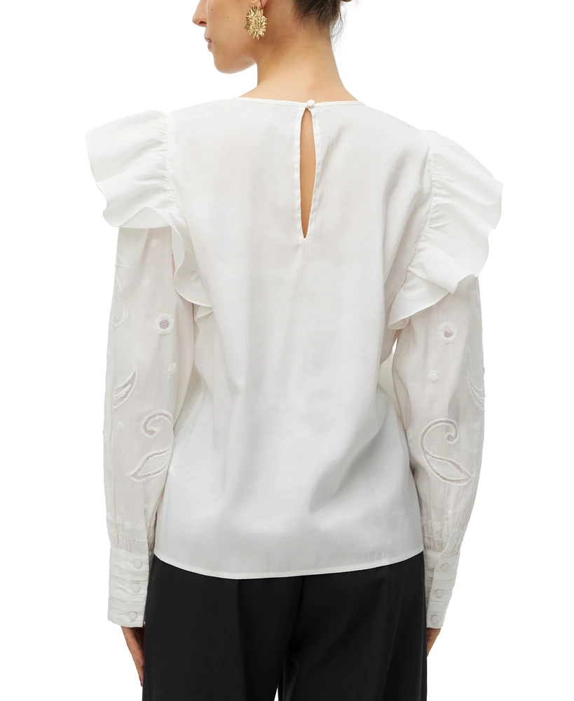 Vero Moda Women's Bilde Embroidered-Sleeve Frilled Top