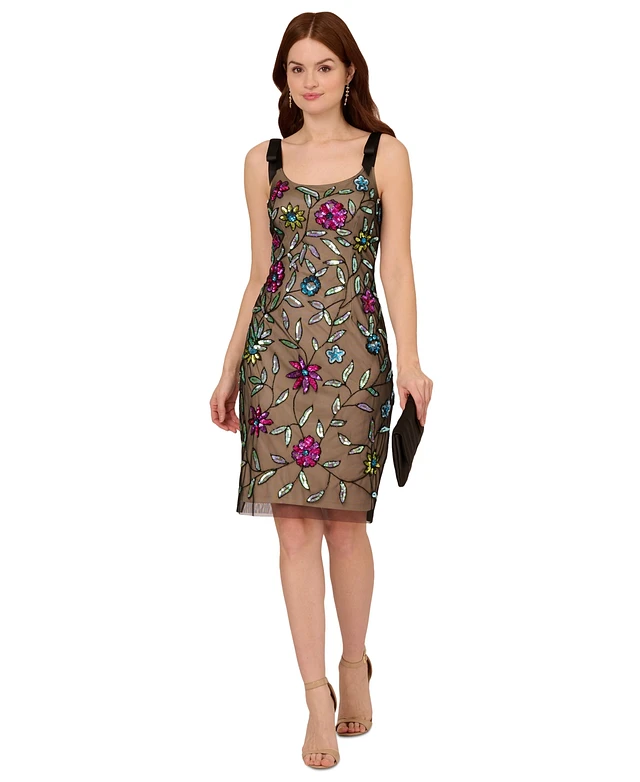 knee length dresses for ladies Adrianna Papell Women's Printed Bead Mesh Long Dress - Green