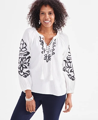 Style & Co Women's Split-Neck Long-Sleeve Embroidery Peasant Blouse, Created for Macy's