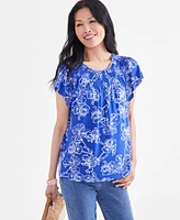 Style & Co Petite Iris Dreams Printed Smocked-Neck Flutter-Sleeve Top, Created for Macy's