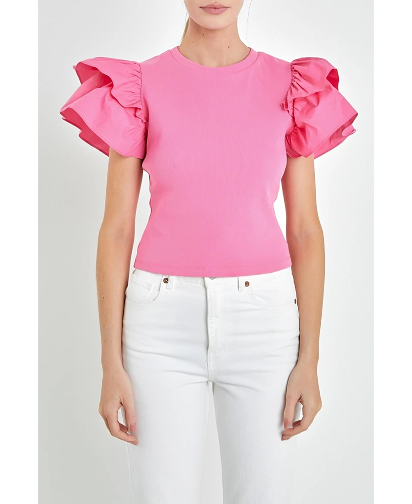 English Factory Women's Mixed Media Ruffled Top