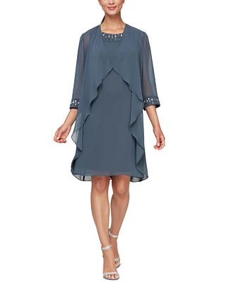 Sl Fashions Women's Embellished-Neck Long Overlay Jacket Dress