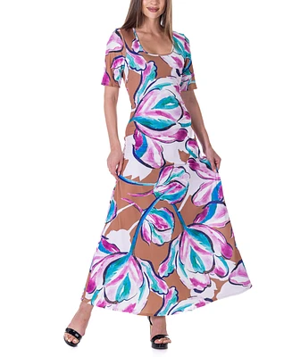 24seven Comfort Apparel Women's Print Elbow Sleeve Casual A Line Maxi Dress