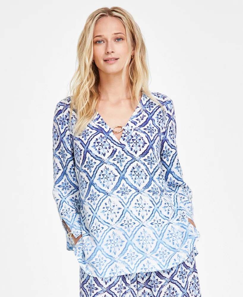 Jm Collection Women's Linen Blend Ombre Printed Hardware-Trim Top, Created for Macy's