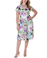 24seven Comfort Apparel Floral Print V Neck Empire Waist Kimono Cap Sleeve Knee Length Dress