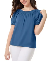 Jones New York Petite Embroidered-Sleeve Smocked-Neck Top