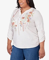 Alfred Dunner Plus Size Scottsdale Falling Floral Embroidered Henley Top