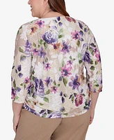 Alfred Dunner Plus Size Charm School Embellished Keyhole Floral Textured Top