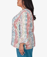 Alfred Dunner Plus Size Sedona Sky Vertical Button-Down Stripe Top