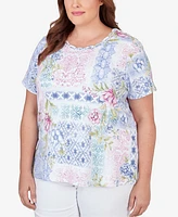 Alfred Dunner Plus Patchwork Floral Braided Neck Tee