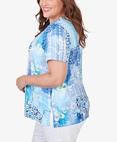 Alfred Dunner Plus Size Patchwork Hearts Split Neck Tee