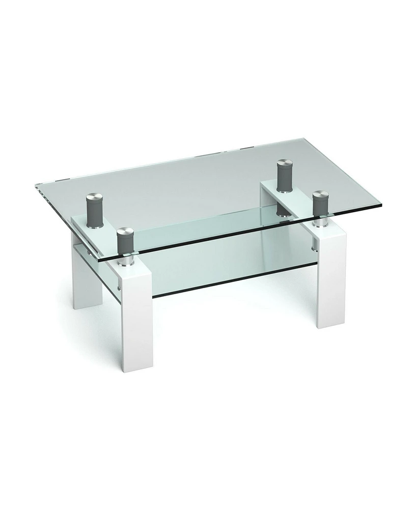 Slickblue Rectangle Glass Coffee Table with Metal Legs for Living Room-White