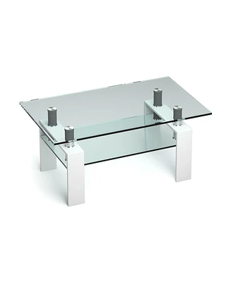 Slickblue Rectangle Glass Coffee Table with Metal Legs for Living Room-White