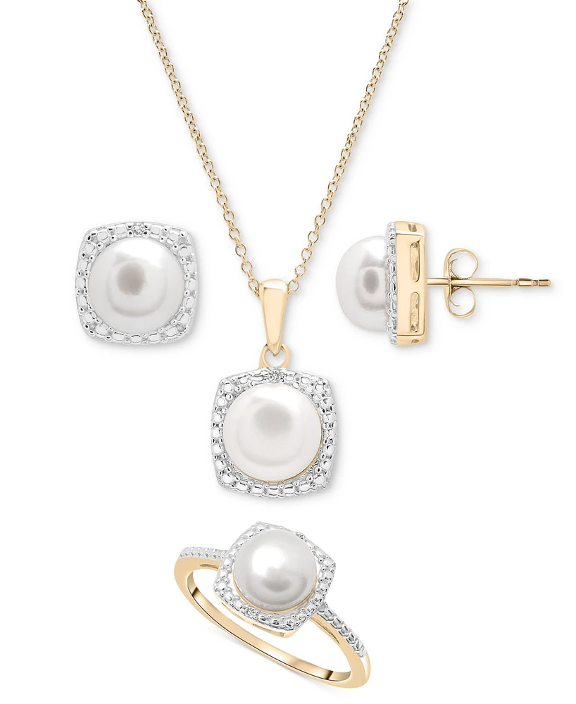 3-Pc. Set Cultured Freshwater Pearl (6-7mm) & Diamond Accent Pendant Necklace, Earrings, and Ring in 14k Gold-Plated Sterling Silver