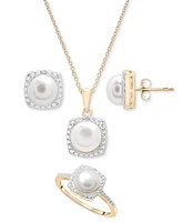 3-Pc. Set Cultured Freshwater Pearl (6-7mm) & Diamond Accent Pendant Necklace, Earrings, and Ring in 14k Gold-Plated Sterling Silver