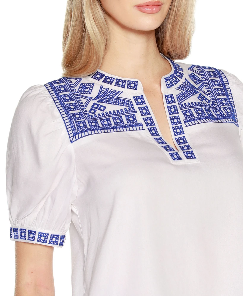 Belldini Women's Embroidered Boho Short Sleeve Top