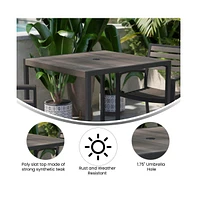 Merrick Lane Faux Teak Outdoor Dining Table With Powder Coated Steel Frame And Umbrella Hole