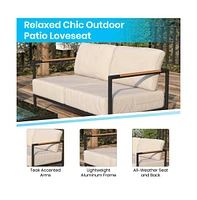 Eastport Outdoor Loveseat With Removable Plush Fabric Cushions And Teak Accented Aluminum Frame