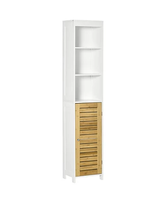 Kleankin Tall Bathroom Storage Cabinet, Free Standing Bathroom Cabinet Slim Side Organizer with 3-Tier Open Shelf, Bamboo Door, White