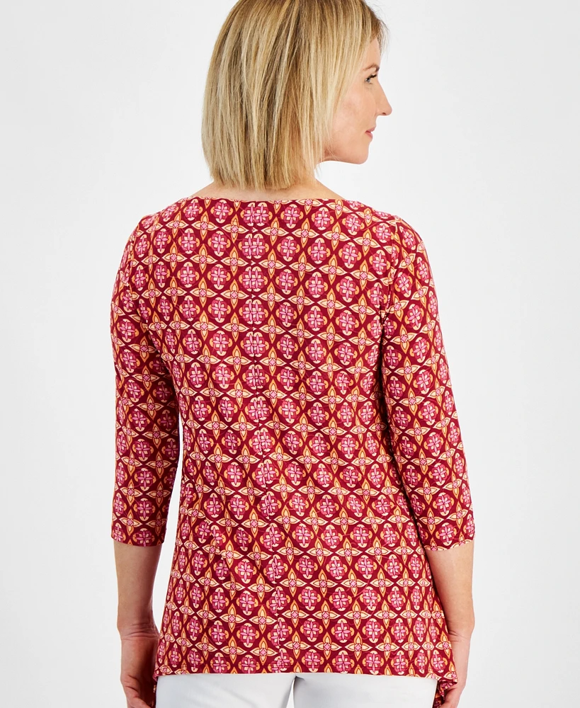Jm Collection Petite Francesca Foulard Printed Jacquard 3/4-Sleeve Swing Top, Created for Macy's