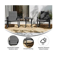 Brevyn 3 Piece Outdoor Bistro Set With Flex Comfort Rocking Chairs And Steel Framed Glass Top Table