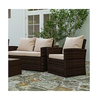 Atlas 4 Piece Patio Set Contemporary Loveseat, 2 Chair And Coffee Table With Back Pillows Seat Cushions