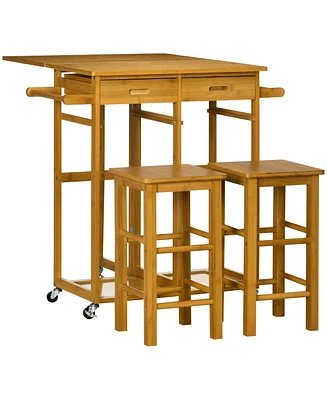 Homcom 3 Pieces Kitchen Island on Wheels with Drop Leaf Table for Small Spaces, Bar Table and Chairs Set, Rolling Bamboo Breakfast Cart with 2 Square