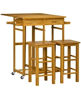 Homcom 3 Pieces Kitchen Island on Wheels with Drop Leaf Table for Small Spaces, Bar Table and Chairs Set, Rolling Bamboo Breakfast Cart with 2 Square