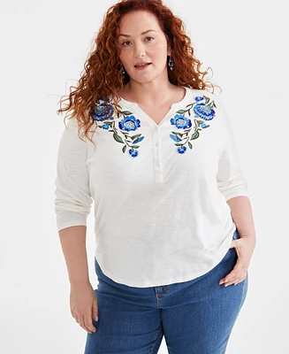 Style & Co Plus Floral-Embroidered Henley Top