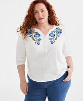 Style & Co Plus Floral-Embroidered Henley Top, Created for Macy's