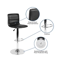Modern Vinyl Adjustable Height Barstool With Horizontal Stitch Back, Set Of 2