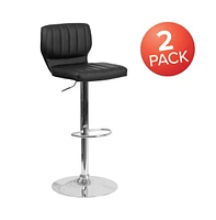 Set Of Two Swivel Bar Stools With Vertical Stitched Back And Adjustable Chrome Base Footrest