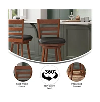 Silla 24" Classic Wooden Ladderback Swivel Counter Height Stool With Upholstered Padded Seat And Integrated Footrest