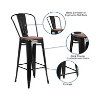 Donnelly Metal Dining Stool With Curved Slatted Back And Textured Wood Seat