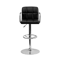 Contemporary Quilted Vinyl Adjustable Height Barstool With Arms