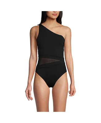 Lands' End Women's Chlorine Resistant Smoothing Control Mesh High Leg One Shoulder Piece Swimsuit