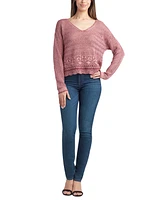 Bcx Juniors' Cotton V-Neck Long-Sleeve Pointelle Sweater