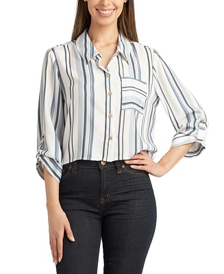 Bcx Juniors' Printed Button-Front Roll-Tab-Sleeve Crop Shirt