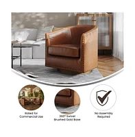 Ada Upholstered Club Style Barrel Chair With Nail Trim, Sloped Arms, And 360 Degree Swivel Base In A Vinyl Wrap