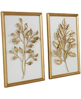 Rosemary Lane Gold Wood Leaf 3D Wall Decor with Beveled Frame, Set of 2 13"W, 17"H