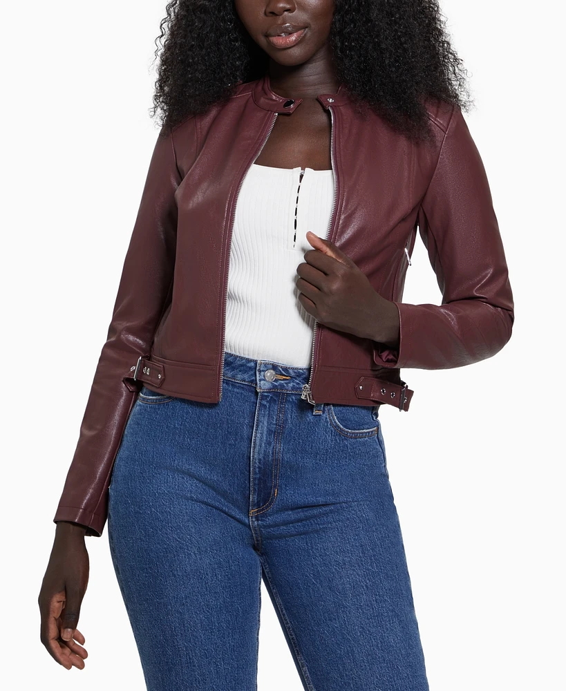 Guess Women's Faux-Leather Moto Jacket with Snap Collar