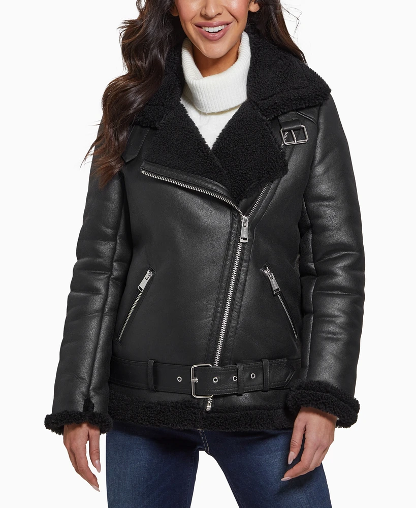 Guess Women's Faux-Shearling Asymmetric Moto Coat