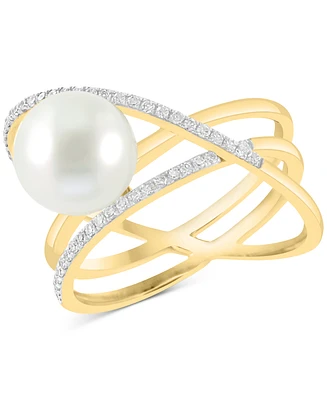 Effy Freshwater Pearl (8-1/2mm) & Diamond (1/10 ct. t.w.) Multirow Crossover Statement Ring