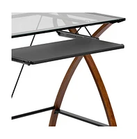 Emma+Oliver Glass Computer Desk-Pull-Out Keyboard Tray & Crisscross Frame