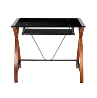 Glass Computer Desk-Pull-Out Keyboard Tray & Crisscross Frame