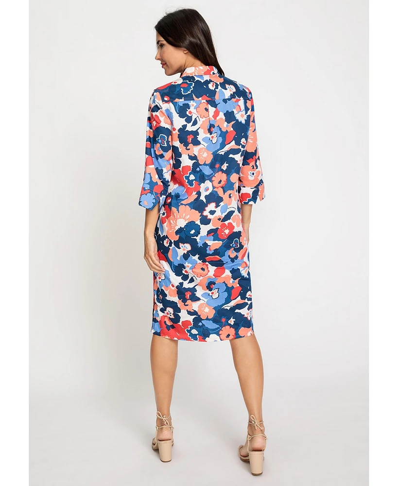 Olsen Women's 100% Cotton 3/4 Sleeve Floral Print Shirt Dress