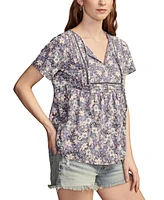 Lucky Brand Women's Printed Pintuck Split-Neck Cotton Top