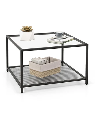 Costway Glass Coffee Table 27.5 Inch 2-Tier Square with Mesh Shelf Living Room