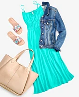 On 34th Womens Classic Denim Jacket Midi Dress Extra Large Tote Beaded Flat Sandals Seashell Pendant Created For Macys